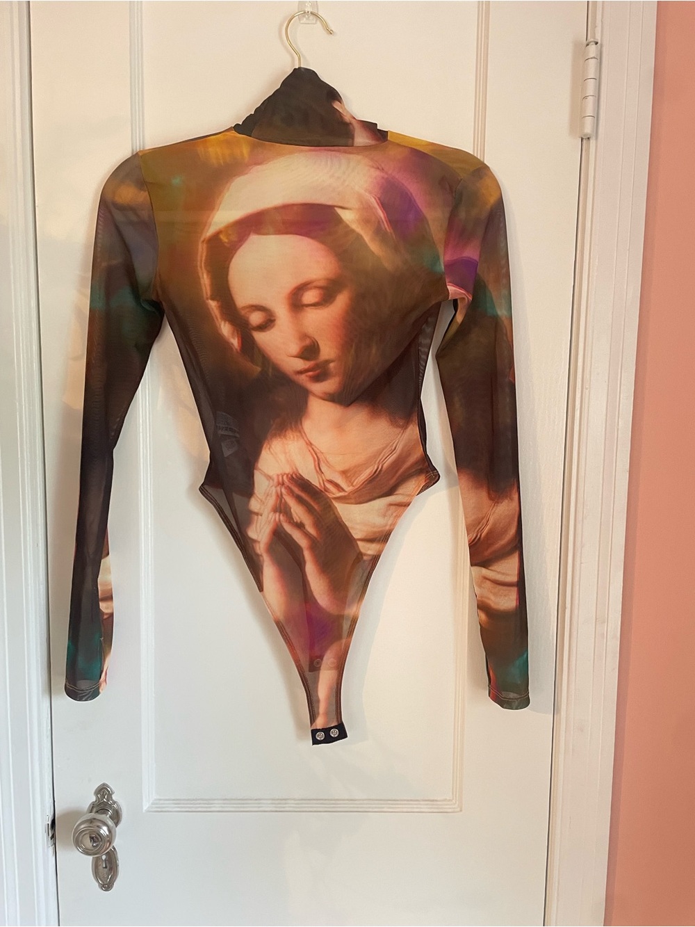 Forever 21 Sheer Multi-Color Long Sleeve Bodysuit with Renaissance Art Print - Picture 2 of 10